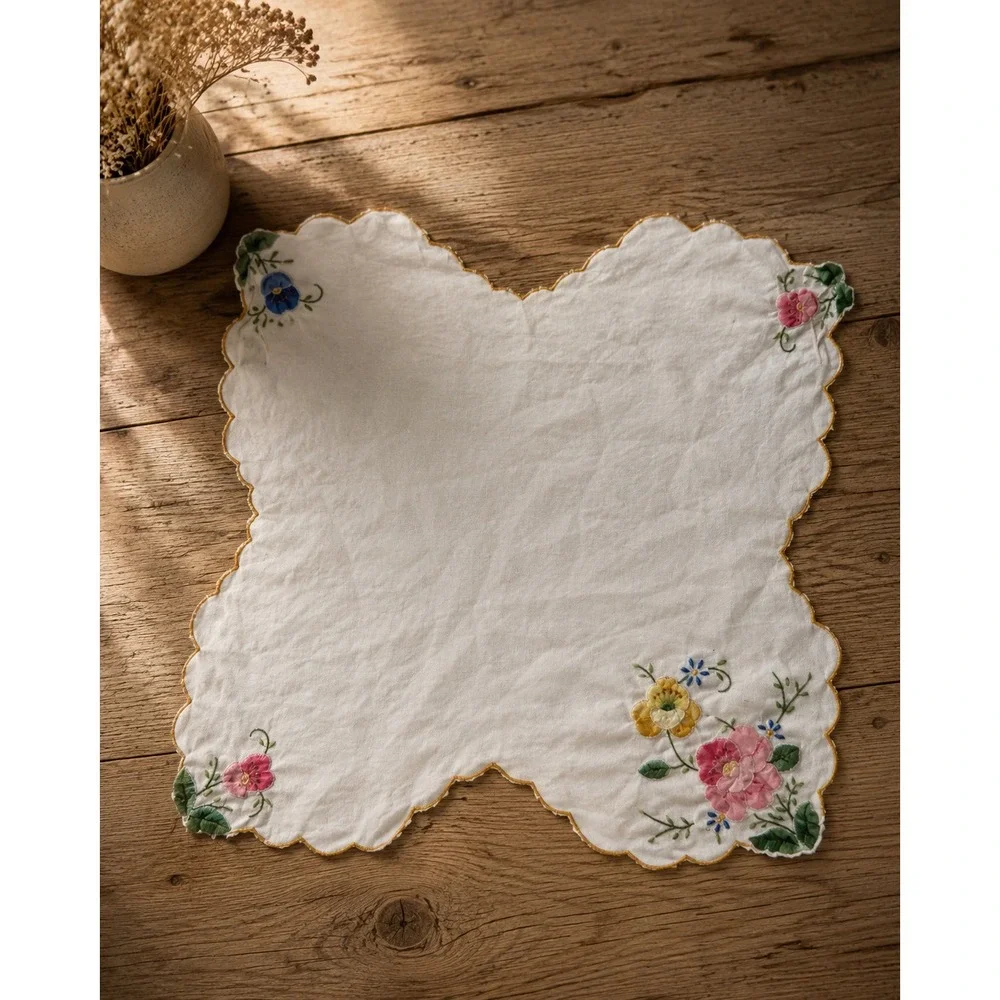 Vintage Hand Embroidered Floral Linen Napkin Table Mat Tea Party Coquette Vanity